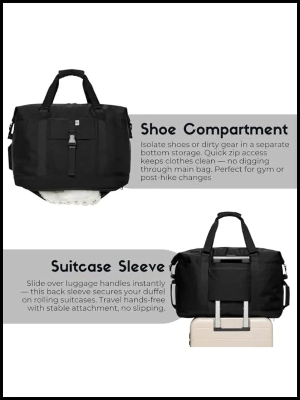 40L Weekender Duffel Bag with Shoe Compartment, Nylon Travel Bag